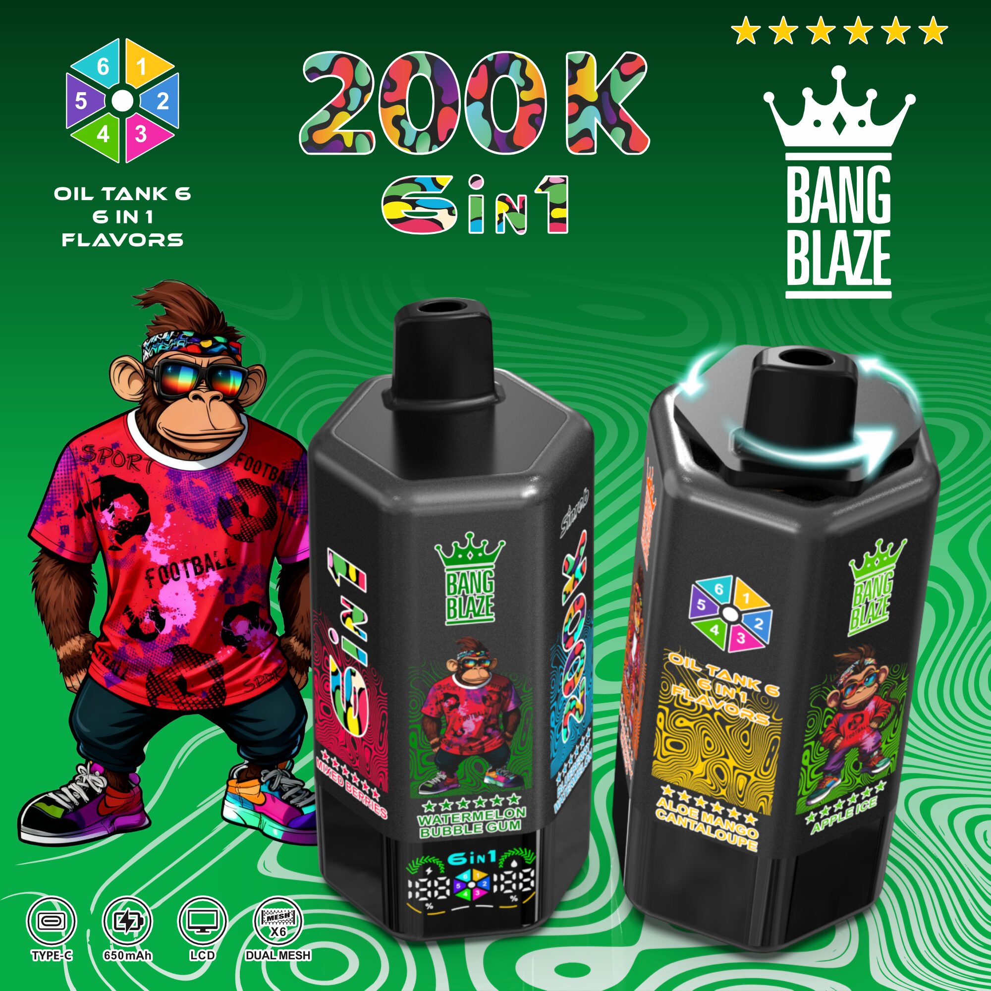 Bang Blaze 200000 200K Puffs 6 in 1 Flavors & 6 oil tanks Rechargeable LCD Display Disposable Vape - Image 3