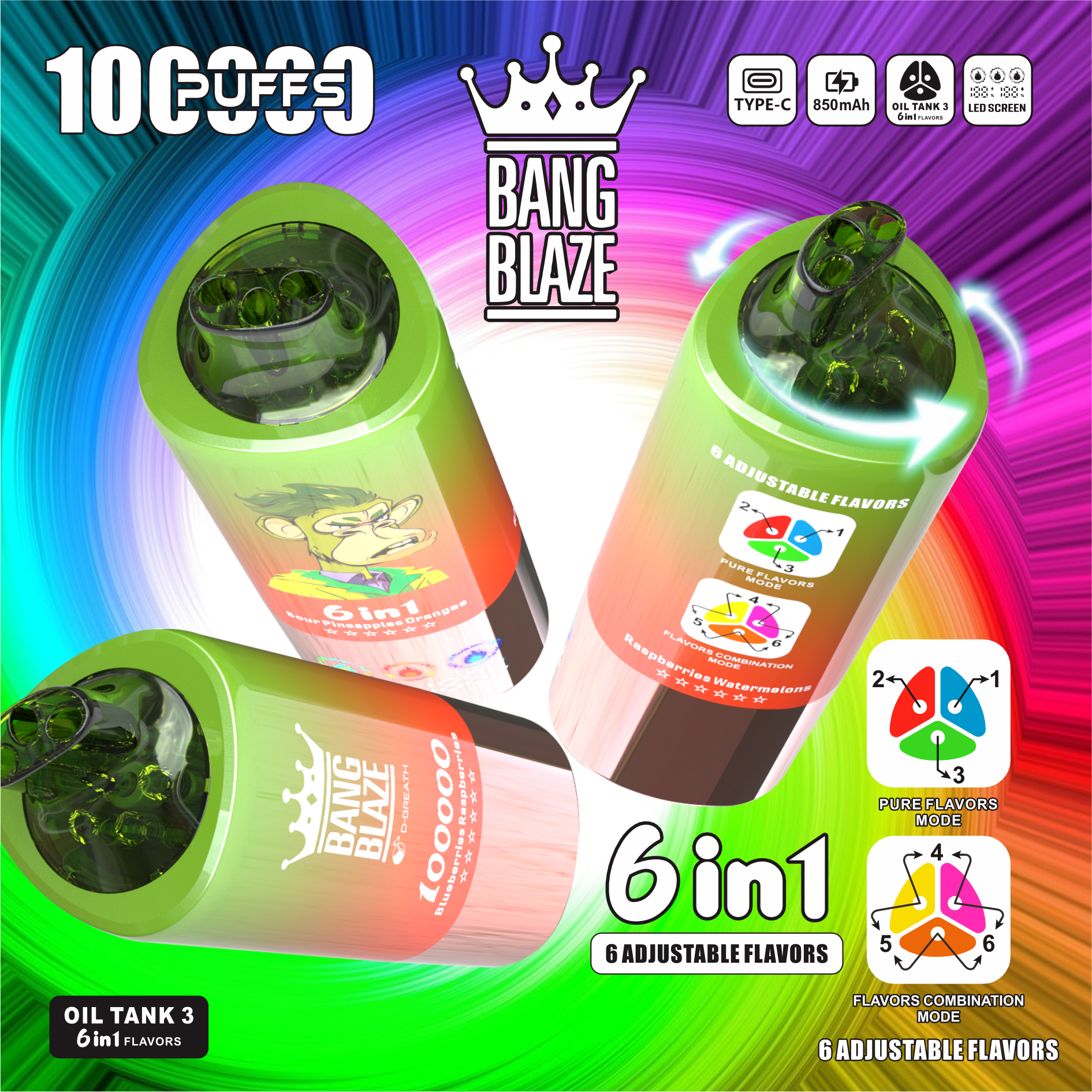 Bang Blaze 100000 100K Puffs 6 in 1 Flavors Newest Original Rechargeable LED Display Disposable Vape - Image 4