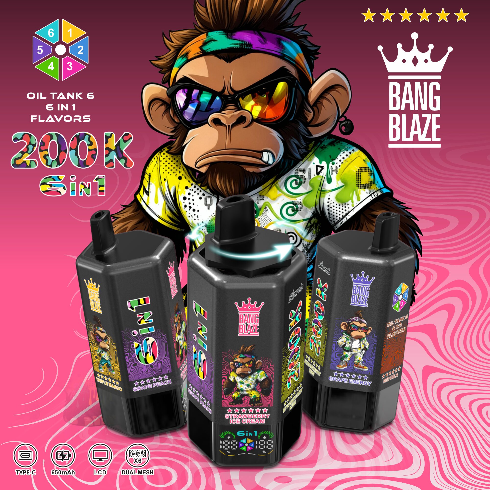 Bang Blaze 200000 200K Puffs 6 in 1 Flavors & 6 oil tanks Rechargeable LCD Display Disposable Vape - Image 21