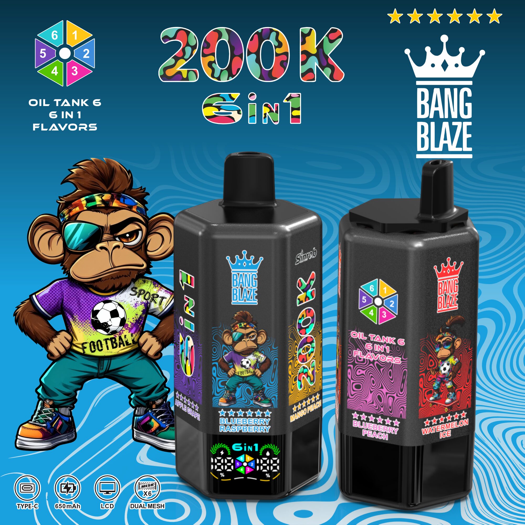 Bang Blaze 200000 200K Puffs 6 in 1 Flavors & 6 oil tanks Rechargeable LCD Display Disposable Vape - Image 23