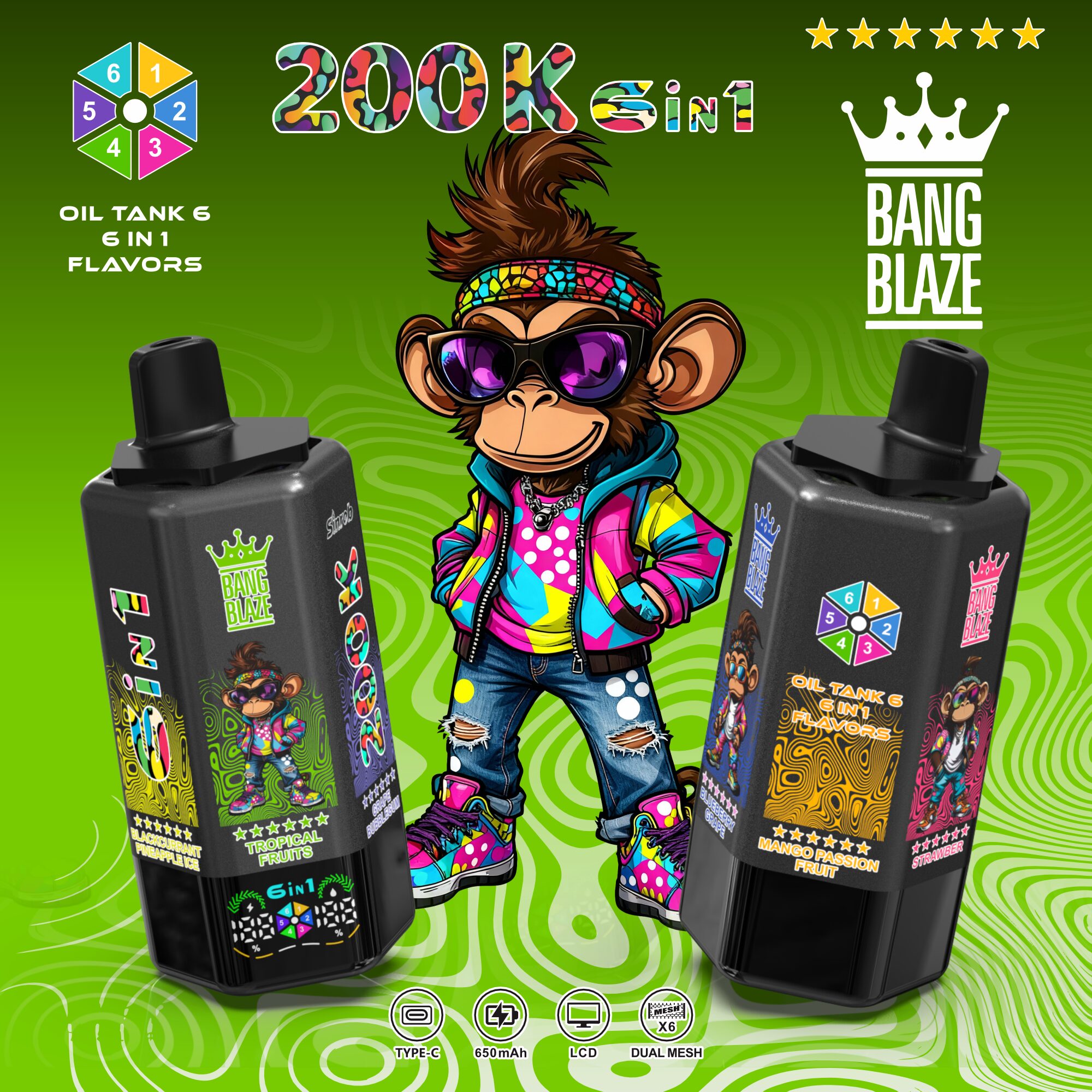 Bang Blaze 200000 200K Puffs 6 in 1 Flavors & 6 oil tanks Rechargeable LCD Display Disposable Vape - Image 19