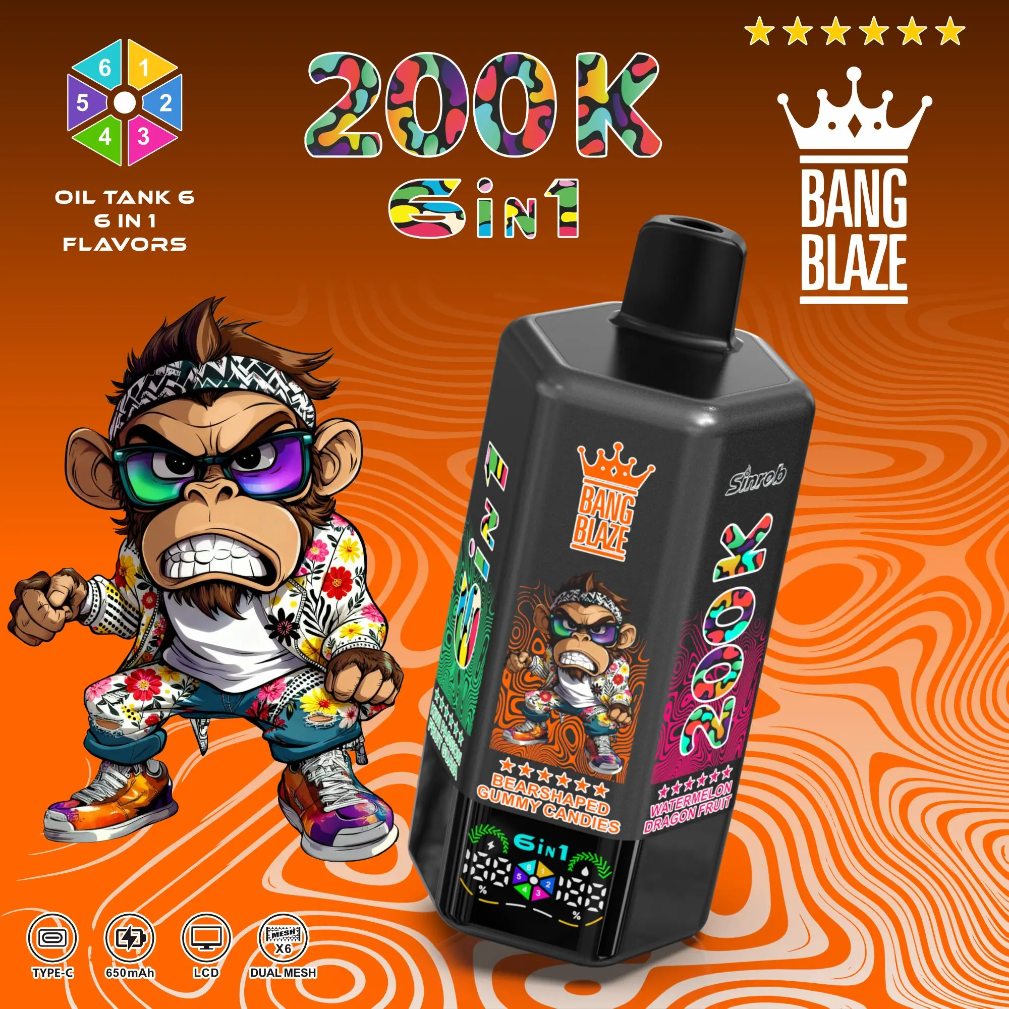 Bang Blaze 200000 200K Puffs 6 in 1 Flavors & 6 oil tanks Rechargeable LCD Display Disposable Vape - Image 18